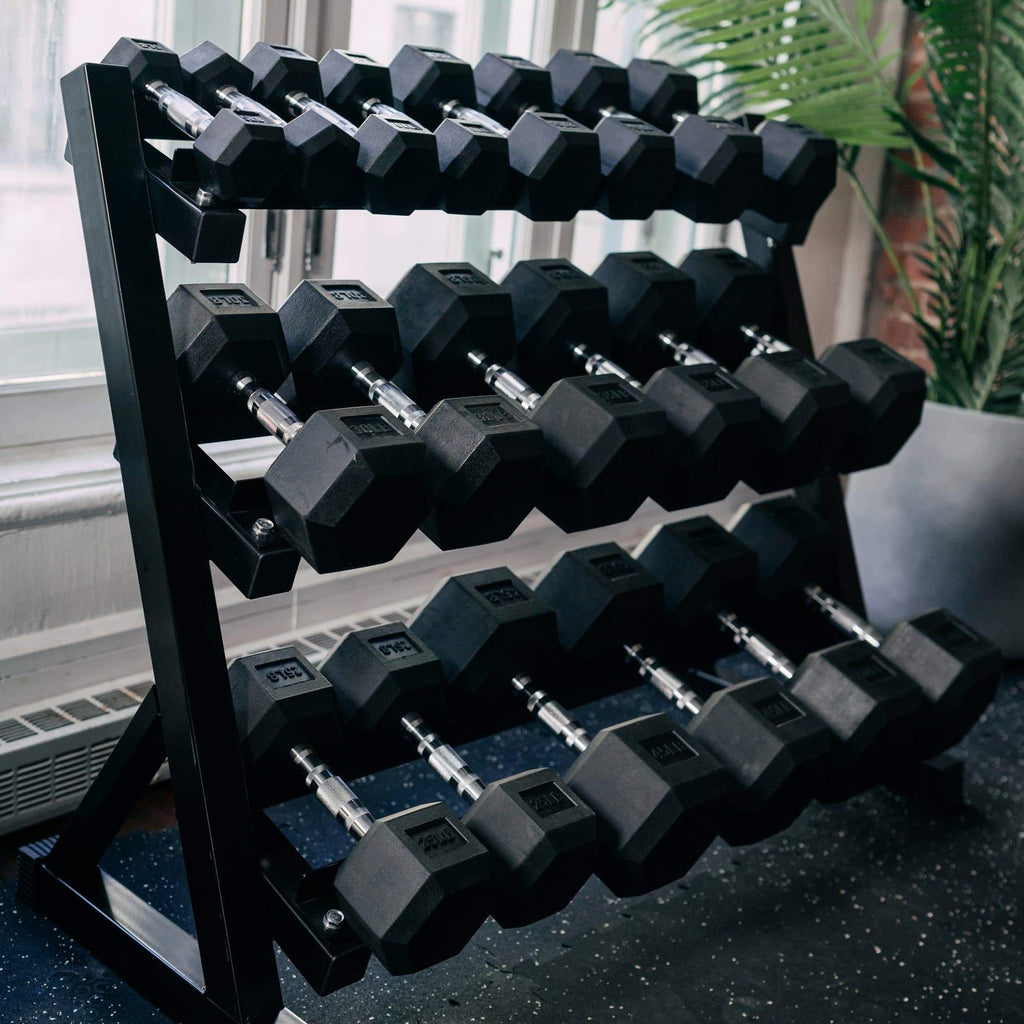 5-50Lb Rubber Hex Dumbbell Set with 3 Tier Rack