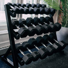 Load image into Gallery viewer, 5-50Lb Rubber Hex Dumbbell Set with 3 Tier Rack