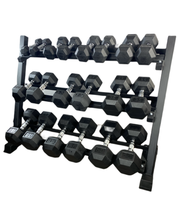 5-50Lb Rubber Hex Dumbbell Set with 3 Tier Rack