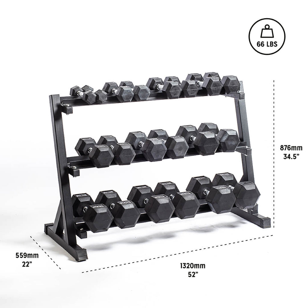 5-50Lb Rubber Hex Dumbbell Set with 3 Tier Rack